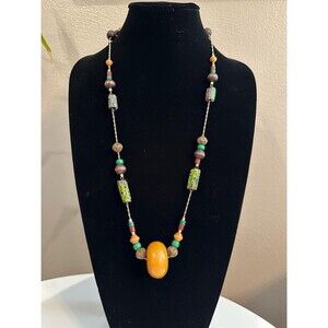 Vintage Vogue Mixed Material Necklace Art Glass Ceramic Wood 30 Inch